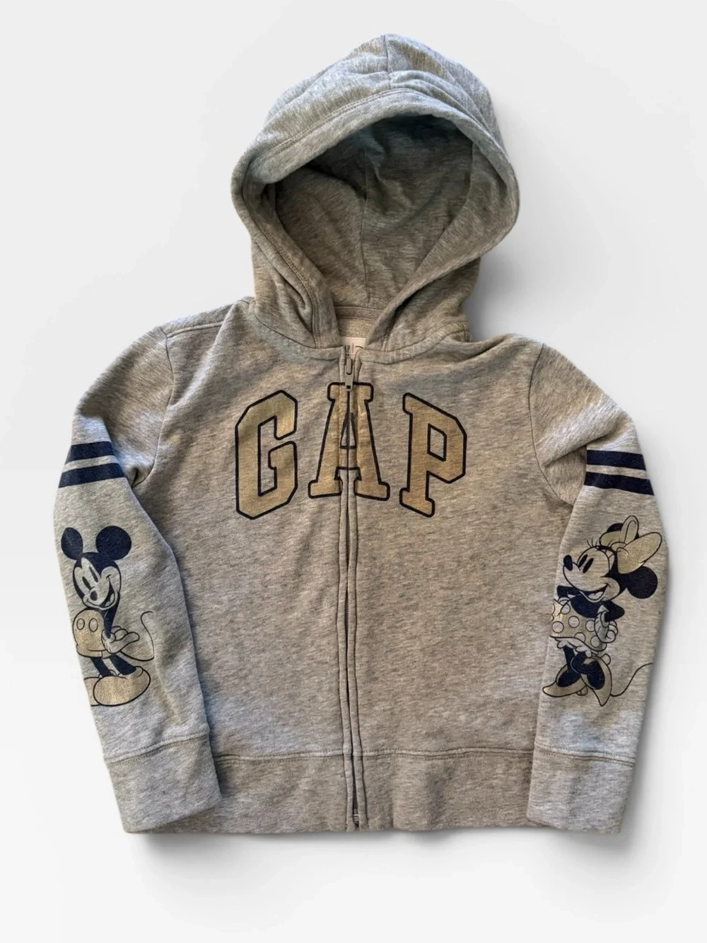 GAP x Disney Gray Hooded Zip-Up Sweatshirt with Mickey & Minnie Sleeve Prints